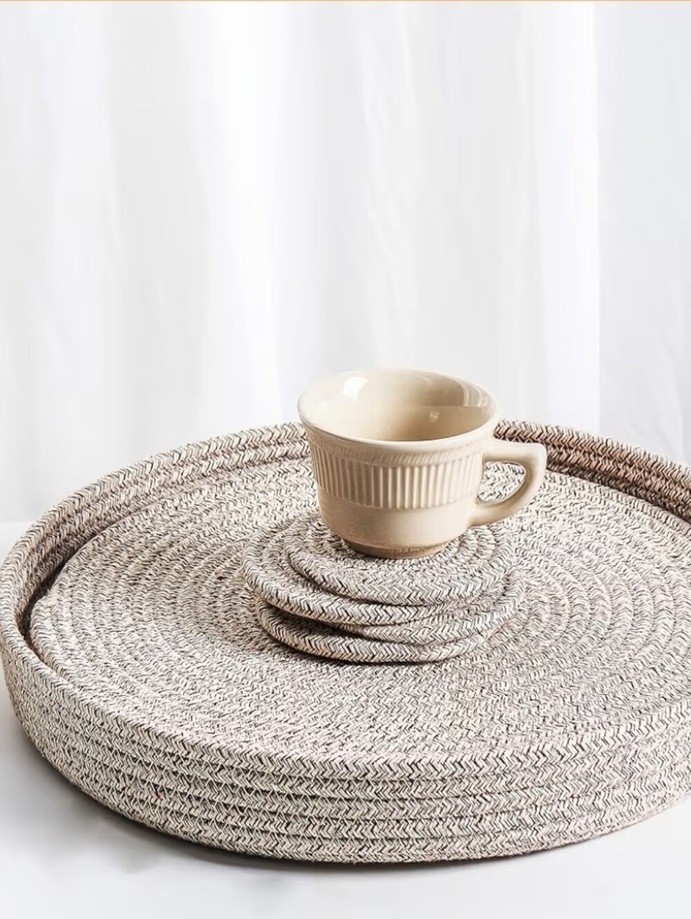 Cotton Rope 9-Piece Set Placemats, Coasters & Holder, Color Taupe Mix